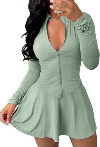 Tennis Skirts Set Womens 2 Piece Outfits Long Sleeve Zip Up Jackets Two Piece Mni Skirts Set Golf Skort Athletic Sports in Saudi Arabia