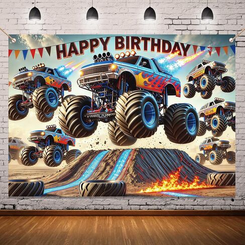 Monster Truck Backdrop 7 × 5ft عيد ميلاد لافتة عيد ميلاد للشاحنة زخرفة الحفلات وحش السيارة الخلفية in Kuwait
