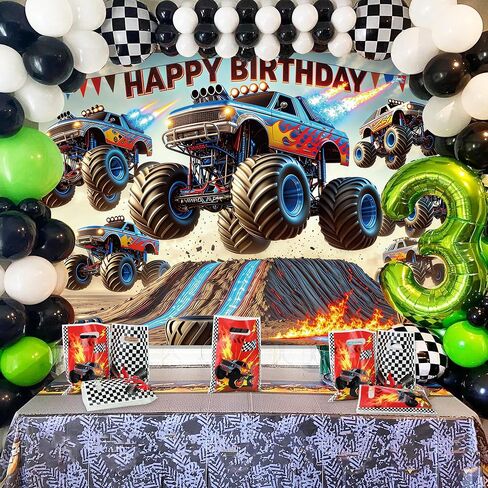 Monster Truck Backdrop 7 × 5ft عيد ميلاد لافتة عيد ميلاد للشاحنة زخرفة الحفلات وحش السيارة الخلفية in Kuwait