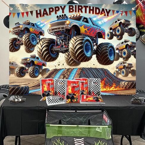 Monster Truck Backdrop 7 × 5ft عيد ميلاد لافتة عيد ميلاد للشاحنة زخرفة الحفلات وحش السيارة الخلفية in Kuwait