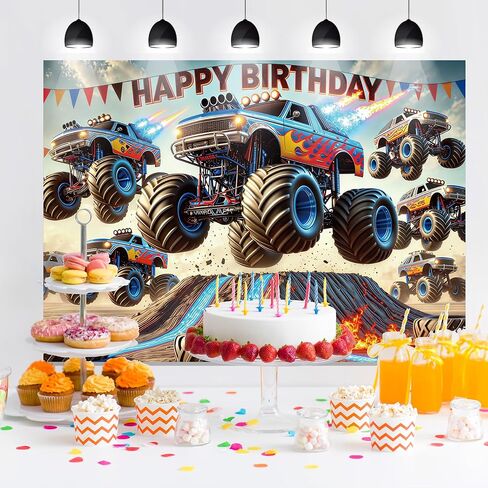 Monster Truck Backdrop 7 × 5ft عيد ميلاد لافتة عيد ميلاد للشاحنة زخرفة الحفلات وحش السيارة الخلفية in Kuwait