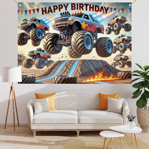 Monster Truck Backdrop 7 × 5ft عيد ميلاد لافتة عيد ميلاد للشاحنة زخرفة الحفلات وحش السيارة الخلفية in Kuwait