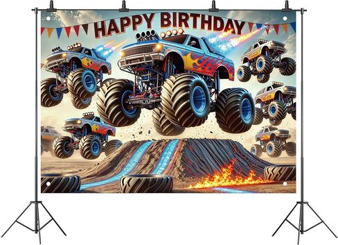 Monster Truck Backdrop 7 × 5ft عيد ميلاد لافتة عيد ميلاد للشاحنة زخرفة الحفلات وحش السيارة الخلفية in Kuwait