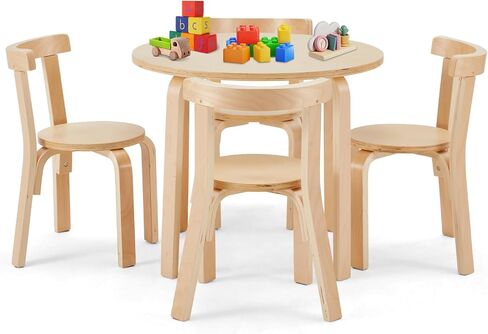 Kids Table and 4 Chairs Set - Round Table and Chair Set for Children, EN71 Certified, Birch Veneer - Wooden Dining Play Set for Children, Durable Wooden Play Table and Chairs, Solid Wood in Saudi Arabia
