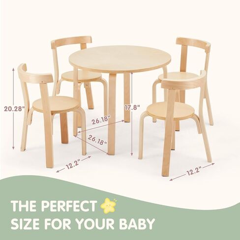 Kids Table and 4 Chairs Set - Round Table and Chair Set for Children, EN71 Certified, Birch Veneer - Wooden Dining Play Set for Children, Durable Wooden Play Table and Chairs, Solid Wood in Saudi Arabia
