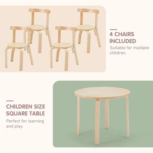 Kids Table and 4 Chairs Set - Round Table and Chair Set for Children, EN71 Certified, Birch Veneer - Wooden Dining Play Set for Children, Durable Wooden Play Table and Chairs, Solid Wood in Saudi Arabia