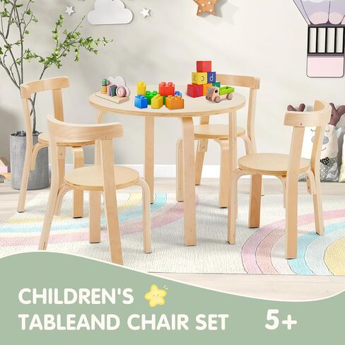 Kids Table and 4 Chairs Set - Round Table and Chair Set for Children, EN71 Certified, Birch Veneer - Wooden Dining Play Set for Children, Durable Wooden Play Table and Chairs, Solid Wood in Saudi Arabia