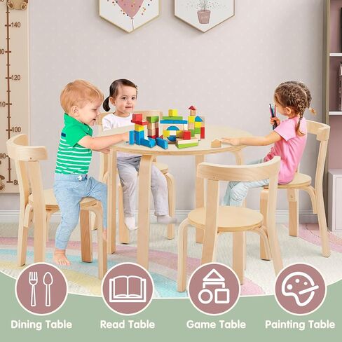 Kids Table and 4 Chairs Set - Round Table and Chair Set for Children, EN71 Certified, Birch Veneer - Wooden Dining Play Set for Children, Durable Wooden Play Table and Chairs, Solid Wood in Saudi Arabia