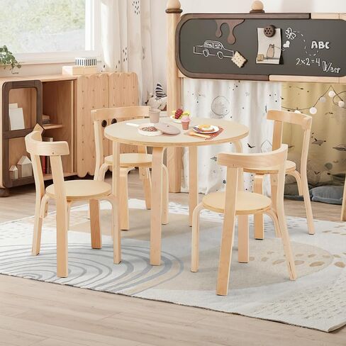 Kids Table and 4 Chairs Set - Round Table and Chair Set for Children, EN71 Certified, Birch Veneer - Wooden Dining Play Set for Children, Durable Wooden Play Table and Chairs, Solid Wood in Saudi Arabia