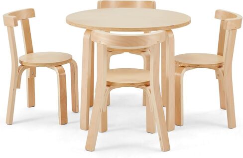 Kids Table and 4 Chairs Set - Round Table and Chair Set for Children, EN71 Certified, Birch Veneer - Wooden Dining Play Set for Children, Durable Wooden Play Table and Chairs, Solid Wood in Saudi Arabia