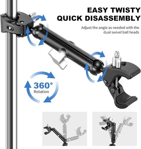 Double Super Clamp Camera/Umbrella Mount,360° Magic Long Arm Pole Clamp,Double Ball Head Adapter for Photo Studio Light Stand,Gopro,Golf Carts,Motorcycle,Cross Bars,Strollers (Black) in Saudi Arabia