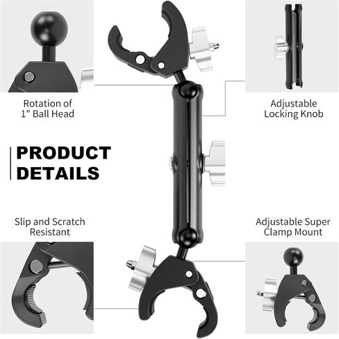 Double Super Clamp Camera/Umbrella Mount,360° Magic Long Arm Pole Clamp,Double Ball Head Adapter for Photo Studio Light Stand,Gopro,Golf Carts,Motorcycle,Cross Bars,Strollers (Black) in Saudi Arabia