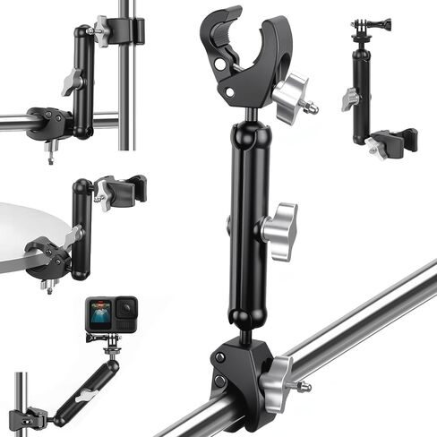 Double Super Clamp Camera/Umbrella Mount,360° Magic Long Arm Pole Clamp,Double Ball Head Adapter for Photo Studio Light Stand,Gopro,Golf Carts,Motorcycle,Cross Bars,Strollers (Black) in Saudi Arabia