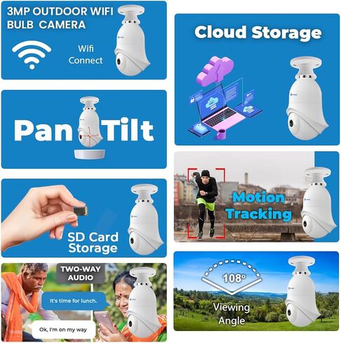 3MP Outdoor Pt WiFi Bulb Camera | Easy Instalaltion في حامل | Smart Dual Light | Audio Audio | اتصال لاسلكي | كاميرا أمان Pan & Tilt | IP65 in Saudi Arabia