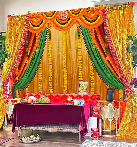 Indian Pooja Photography Backdrop Indian Religious Traditional Festival Marigold Yellow Curtain Background for Diwali Puja Ganpati Pooja Mehndi Wedding Party Decoration 7X5FT in Saudi Arabia