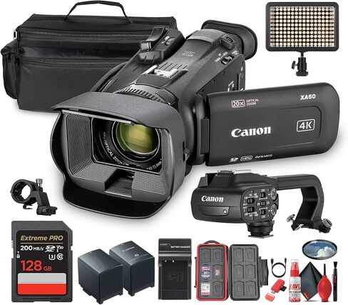 Canon XA60 PAL Professional UHD 4K Camcorder + 128GB بطاقة ذاكرة + LED Flash + BESTACTION BATTERY + Charger + Camera Bag + 58 MM UV FILTER + CASE CASTER STARECTION SENCENT + أكثر (متجددة) in Kuwait