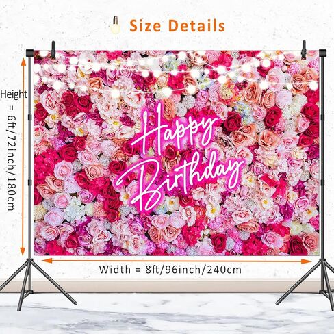Pink Flower Happy Birthday Backdrop Banner Decorations for Women,Pink Neon Birthday Sign Backdrops Banner Red Rose Flowers Photography Background Girls Bday Party Decor Photo Booth Props 7x5ft in Saudi Arabia