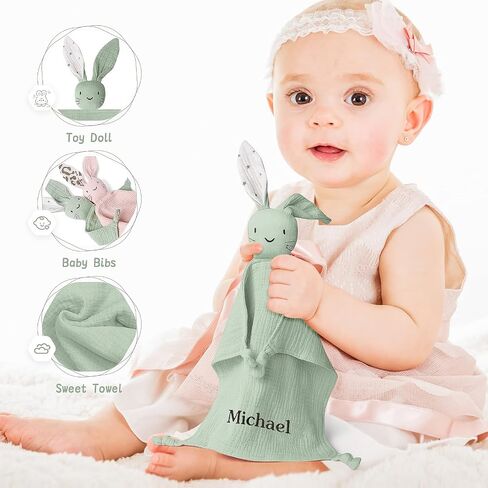 TYRY.HU Personalized Security Blanket with Name, Embroidered Baby Comforter, Organic Cotton Muslin Lovey Security Blanket, Soft & Breathable Lovie Baby Gifts for Boys and Girls, Green in Saudi Arabia