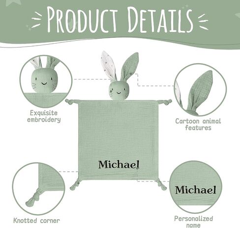 TYRY.HU Personalized Security Blanket with Name, Embroidered Baby Comforter, Organic Cotton Muslin Lovey Security Blanket, Soft & Breathable Lovie Baby Gifts for Boys and Girls, Green in Saudi Arabia