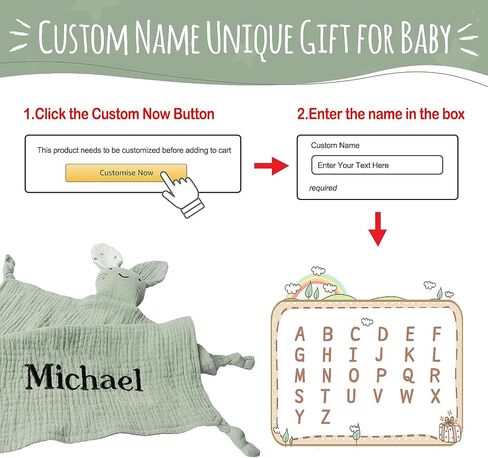 TYRY.HU Personalized Security Blanket with Name, Embroidered Baby Comforter, Organic Cotton Muslin Lovey Security Blanket, Soft & Breathable Lovie Baby Gifts for Boys and Girls, Green in Saudi Arabia