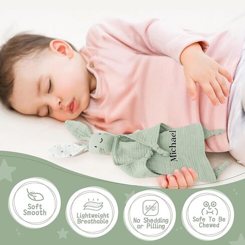 TYRY.HU Personalized Security Blanket with Name, Embroidered Baby Comforter, Organic Cotton Muslin Lovey Security Blanket, Soft & Breathable Lovie Baby Gifts for Boys and Girls, Green in Saudi Arabia