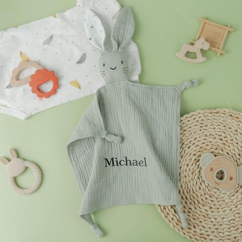 TYRY.HU Personalized Security Blanket with Name, Embroidered Baby Comforter, Organic Cotton Muslin Lovey Security Blanket, Soft & Breathable Lovie Baby Gifts for Boys and Girls, Green in Saudi Arabia