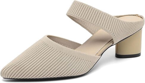 Women’s Knitted Pointed Toe Chunky Heel Mules Fashion Backless Slip On Breathable Heeled Sandals Daily Office Dress Pumps in Kuwait