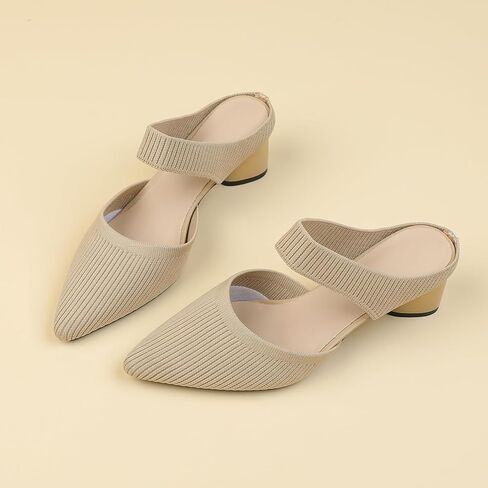 Women’s Knitted Pointed Toe Chunky Heel Mules Fashion Backless Slip On Breathable Heeled Sandals Daily Office Dress Pumps in Kuwait