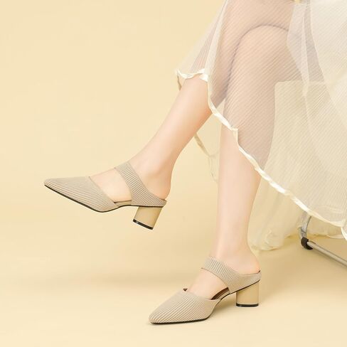 Women’s Knitted Pointed Toe Chunky Heel Mules Fashion Backless Slip On Breathable Heeled Sandals Daily Office Dress Pumps in Kuwait