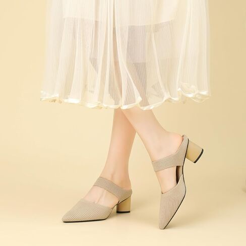 Women’s Knitted Pointed Toe Chunky Heel Mules Fashion Backless Slip On Breathable Heeled Sandals Daily Office Dress Pumps in Kuwait