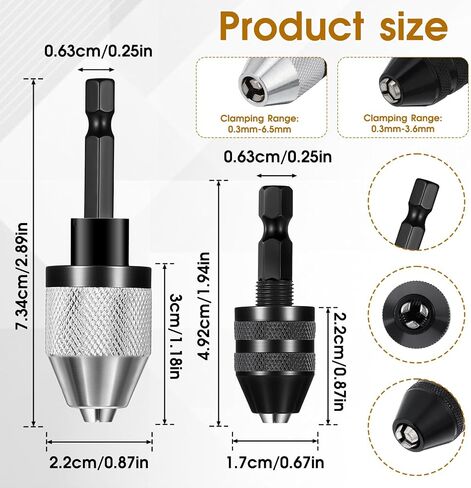 2 Pack Keyless Drill Chuck for Impact Driver, 1/4 Inch Hex Shank Drill Chuck Fast Change Converter Extension Drills Bit Adapter Keyless Chucks, Chucks Conversion Adapter in 0.3-3.6mm, 0.3-6.5mm in Saudi Arabia