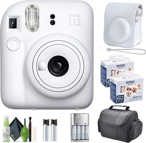 Fujifilm Instax Mini 12 Camera Clay White مع Fuji Value Pack Film - 60 ورقة صور مع حالة الكاميرا والملحقات هدية مثالية للأطفال ، فتاة في سن المراهقة والكبار in Kuwait