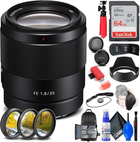 Sony Fe 35mm F/1.8 عدسة (SEL35F18F) + مجموعة مرشح + حقيبة ظهر + 64 جيجا بايت + قارئ البطاقة + TRUPOD FLEX + محفظة الذاكرة + حارس غطاء العدسة + مجموعة تنظيف + حزام يدوي + المزيد (متجدد) in Saudi Arabia