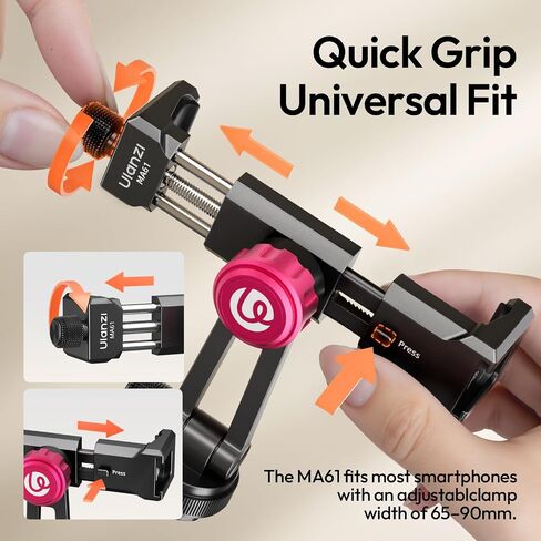 Ulanzi MA61 Metal Phone Tripod Mount مع حذاء بارد ، 360 درجة قابلة للتعديل حذاء كاميرا هاتفية للتركيب لجهاز iPhone 16 15 14 Pro Max ، Samsung Galaxy ، مشبك سبيكة الألمنيوم للتدفق المباشر ، البث المباشر ، الفيديو in Kuwait