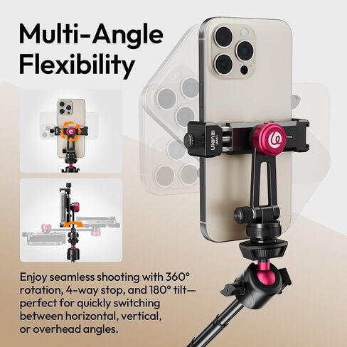 Ulanzi MA61 Metal Phone Tripod Mount مع حذاء بارد ، 360 درجة قابلة للتعديل حذاء كاميرا هاتفية للتركيب لجهاز iPhone 16 15 14 Pro Max ، Samsung Galaxy ، مشبك سبيكة الألمنيوم للتدفق المباشر ، البث المباشر ، الفيديو in Kuwait