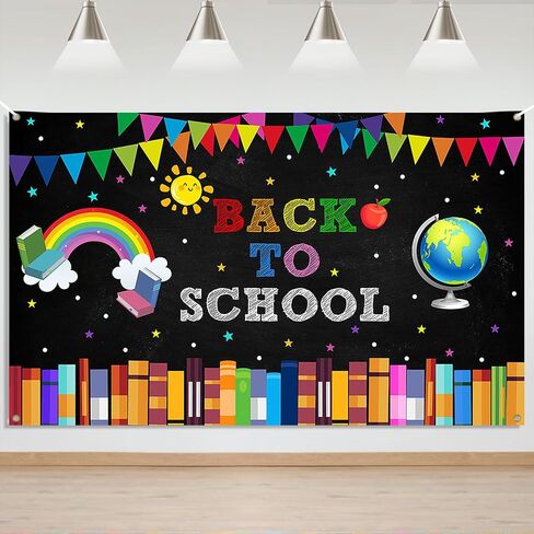 Mocsicka Back to School Backdrop Banner First Day of School Globe Rainbow Books Chalkboard Photo Backdrops Welcome Back to School Party Decorations Banner in Saudi Arabia