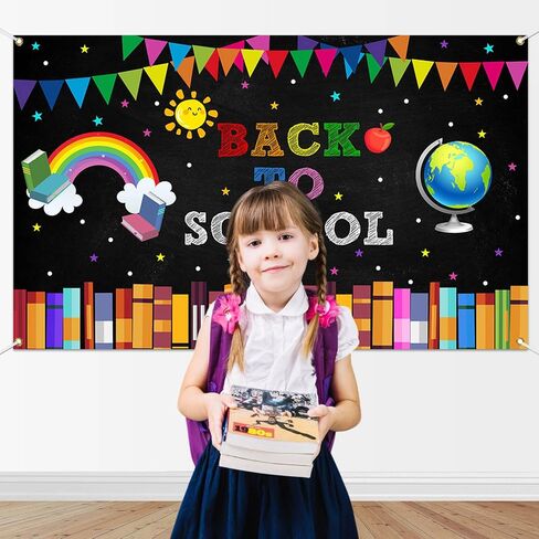Mocsicka Back to School Backdrop Banner First Day of School Globe Rainbow Books Chalkboard Photo Backdrops Welcome Back to School Party Decorations Banner in Saudi Arabia