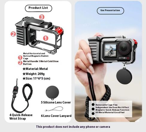 مجموعة حامل قبضة الكاميرا ، مجموعة قفص الكاميرا ل DJI Action 5 Pro/Action 4/Action 3 ، مادة سبيكة الألومنيوم مع زر الغالق ، الحبل in Saudi Arabia