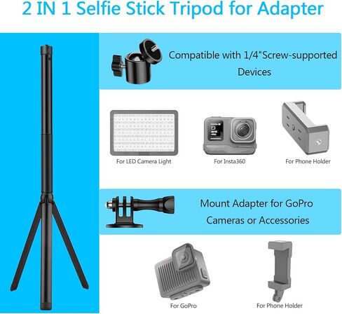2-in-1 59in كاميرا سيلفي عصا عصا ترايبود + رأس الكرة مع 1/4 بوصة محول + gopro ، 5 قسم تلسكوبية shelpie غير مرئي عصا ، متوافقة مع insta360 dji goPro in Kuwait