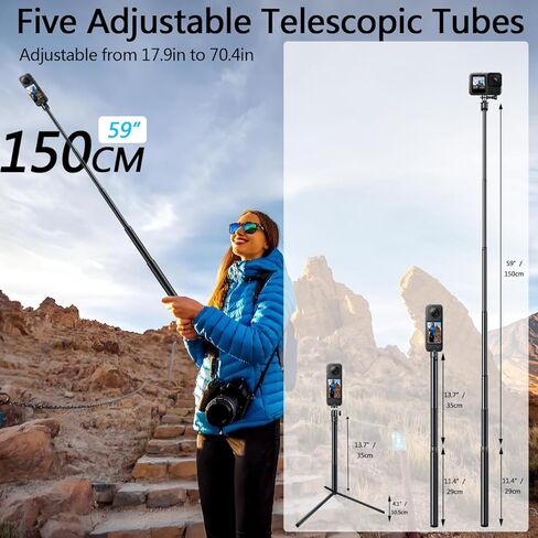 2-in-1 59in كاميرا سيلفي عصا عصا ترايبود + رأس الكرة مع 1/4 بوصة محول + gopro ، 5 قسم تلسكوبية shelpie غير مرئي عصا ، متوافقة مع insta360 dji goPro in Kuwait