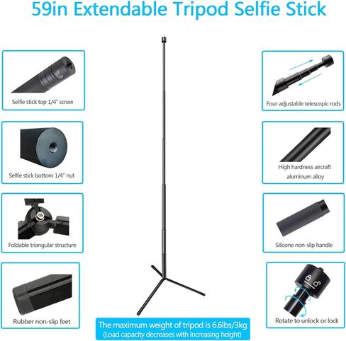 2-in-1 59in كاميرا سيلفي عصا عصا ترايبود + رأس الكرة مع 1/4 بوصة محول + gopro ، 5 قسم تلسكوبية shelpie غير مرئي عصا ، متوافقة مع insta360 dji goPro in Kuwait