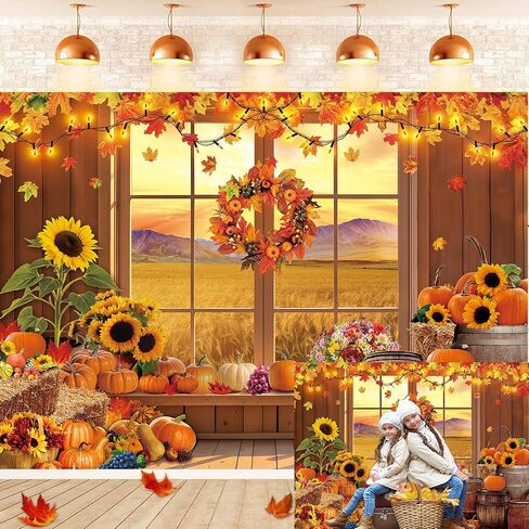 Fall Window Backdrop for Photography Autumn Pumpkin Maple Leaf Sunflower Background for Autumn Birthday Baby Shower Thanksgiving Party Banner Photo Booth Props (7x5FT（210x150cm）) in Saudi Arabia