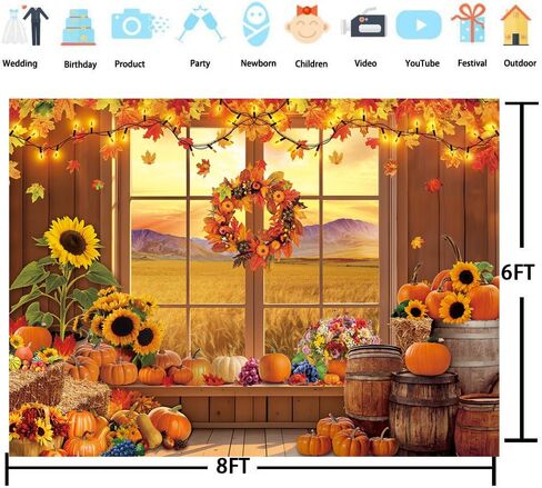 Fall Window Backdrop for Photography Autumn Pumpkin Maple Leaf Sunflower Background for Autumn Birthday Baby Shower Thanksgiving Party Banner Photo Booth Props (7x5FT（210x150cm）) in Saudi Arabia