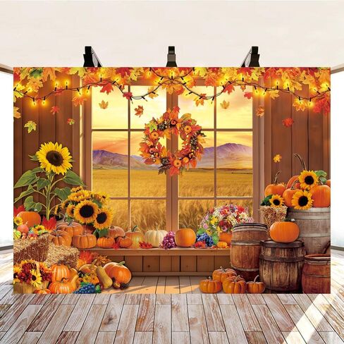 Fall Window Backdrop for Photography Autumn Pumpkin Maple Leaf Sunflower Background for Autumn Birthday Baby Shower Thanksgiving Party Banner Photo Booth Props (7x5FT（210x150cm）) in Saudi Arabia