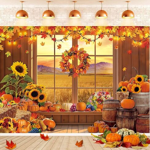 Fall Window Backdrop for Photography Autumn Pumpkin Maple Leaf Sunflower Background for Autumn Birthday Baby Shower Thanksgiving Party Banner Photo Booth Props (7x5FT（210x150cm）) in Saudi Arabia