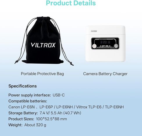 حالة شاحن بطارية الكاميرا المزدوجة Viltrox BT-E6 مع بطارية مدمجة 7.4 فولت / 5.5AH ، متوافقة مع Canon LP-E6n in Saudi Arabia