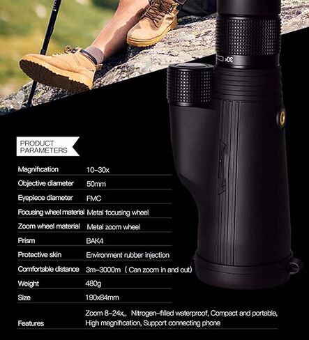 10-30x50 HD تلسكوب أحادي التكبير عالية الطاقة أحادي البالغين مع حامل الهواتف الذكية و Tripod BAK4 PRISM و MONOCULALS FMC الحادياء الحياة البرية in Kuwait