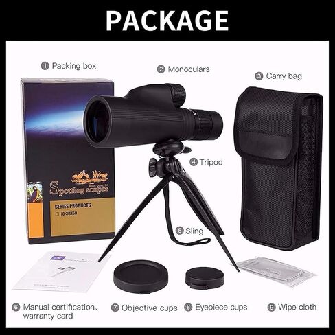 10-30x50 HD تلسكوب أحادي التكبير عالية الطاقة أحادي البالغين مع حامل الهواتف الذكية و Tripod BAK4 PRISM و MONOCULALS FMC الحادياء الحياة البرية in Kuwait