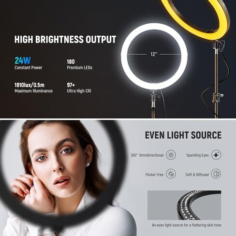 NEEWER 12" 24W High Power LED Ring Light & Basics HM01-D 29" Arc Lamp, Ringlight with 71" Tripod Stand Phone Holder Compatible with iPhone, Video Recording Makeup Selfie Studio Streaming Lighting in Saudi Arabia