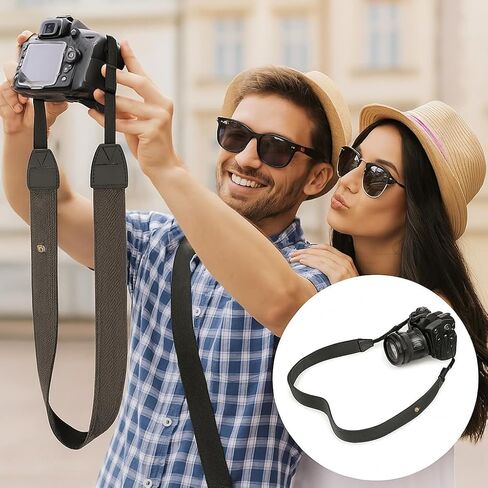 حزام الكاميرا لـ DSLR/SLR ، حزام قطن القطن الناعم والكتف مع أبازيم إطلاق سريع ، طول قابل للتعديل ، متوافق مع Canon Nikon Sony - Black in Kuwait